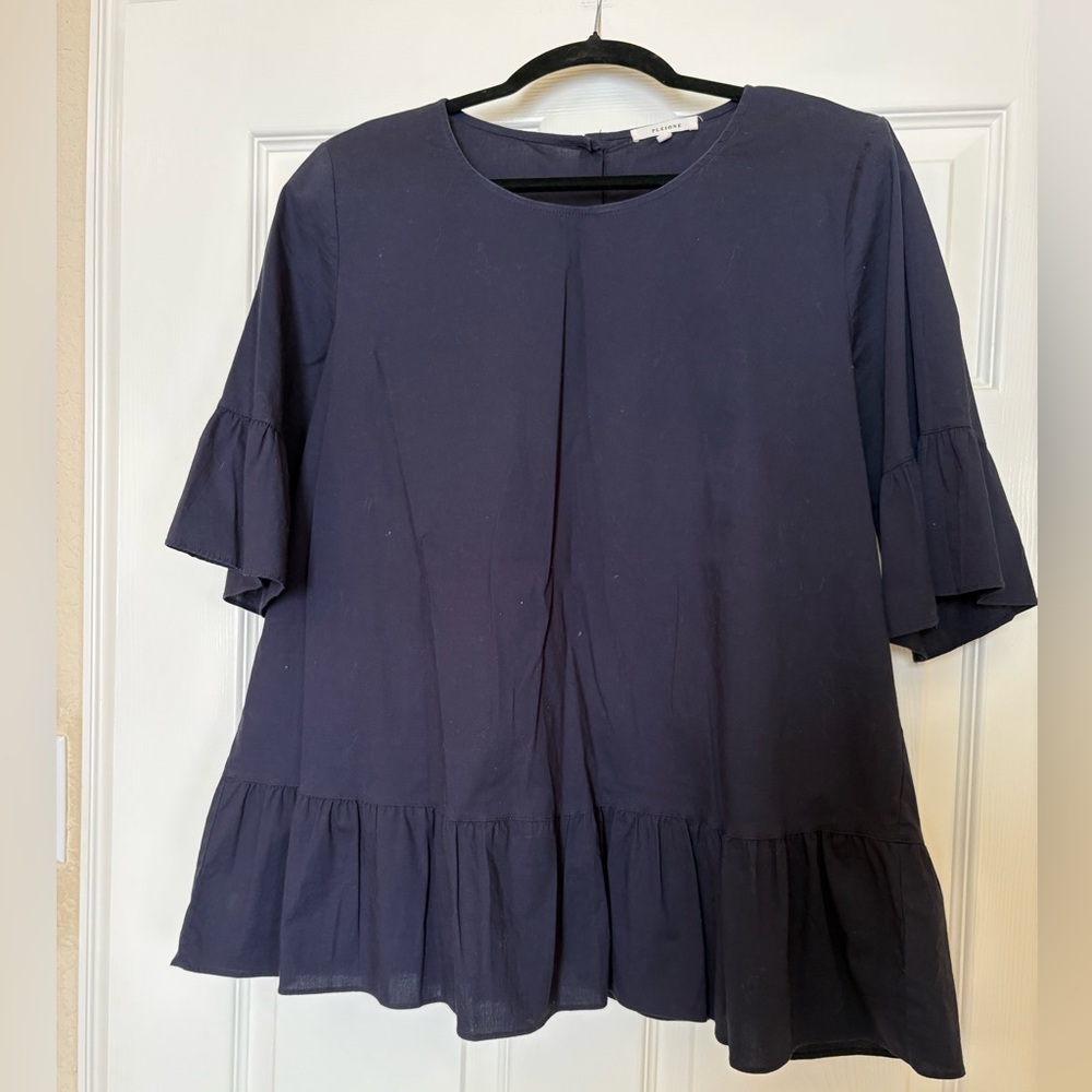 Pleione Navy Ruffle Sleeve Peplum Blouse